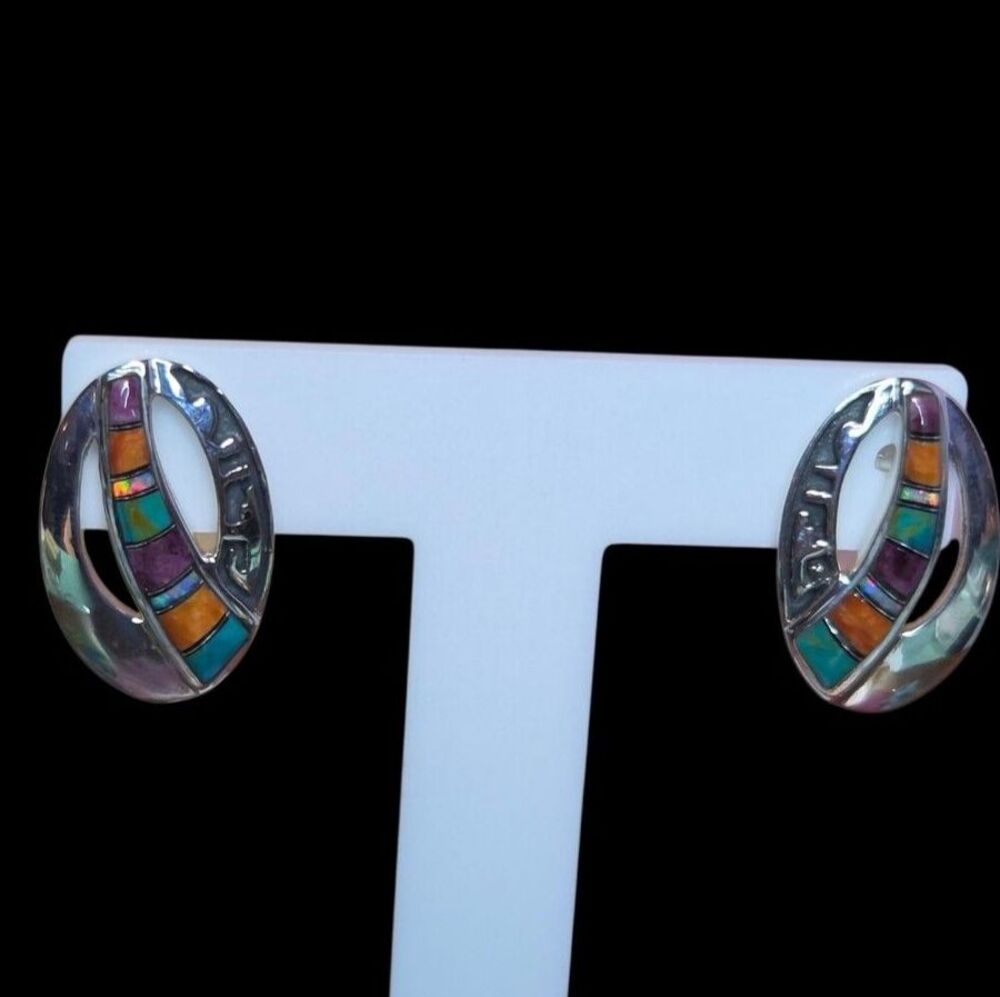 Sterling Silver Multicolor Inlay Oval Post Earrings - Southwest Spiny Oyster